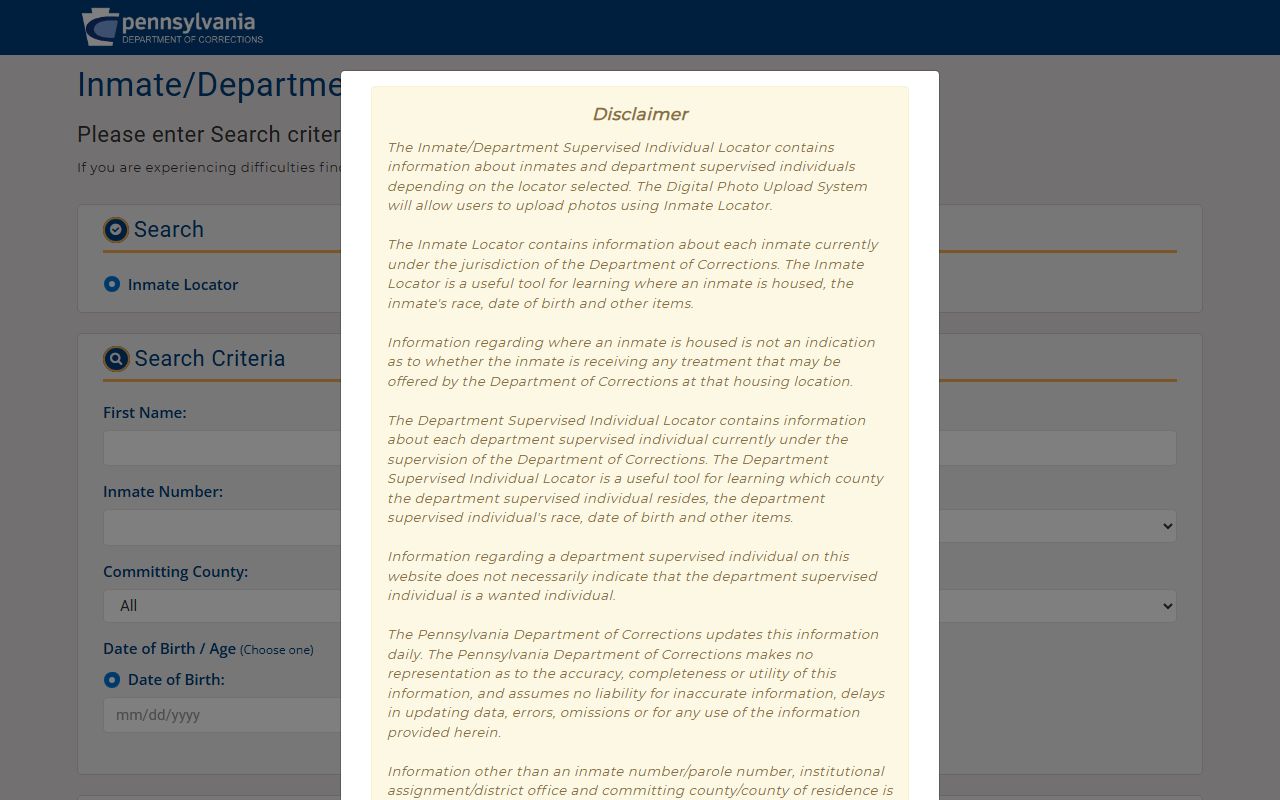 Clinton County inmate search using the Pennsylvania DOC locator